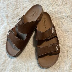 Skechers Luxe Foam Brown Slide On Sandals Comfortable Comfort Summer Beach Sz 10